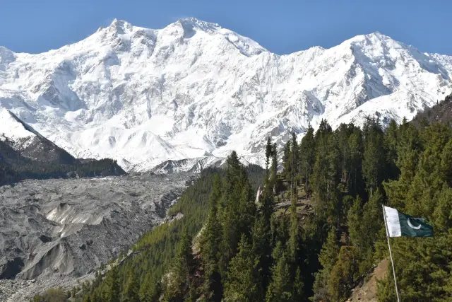 Nanga Parbat above the glacier and forests seen from Fairy Meadows.